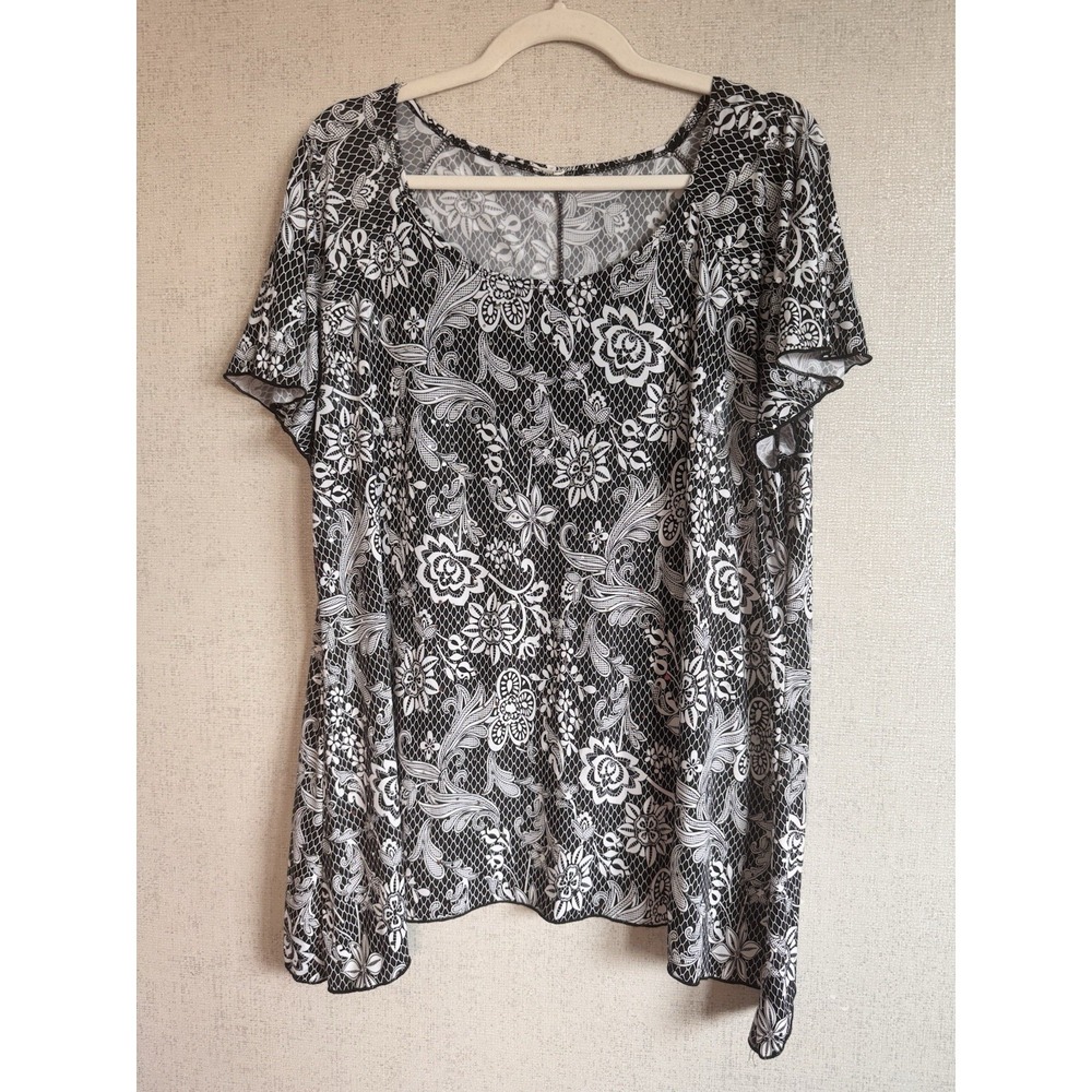 Blouse Women Size Large Black White Floral Paisley Sheer Overlay Top